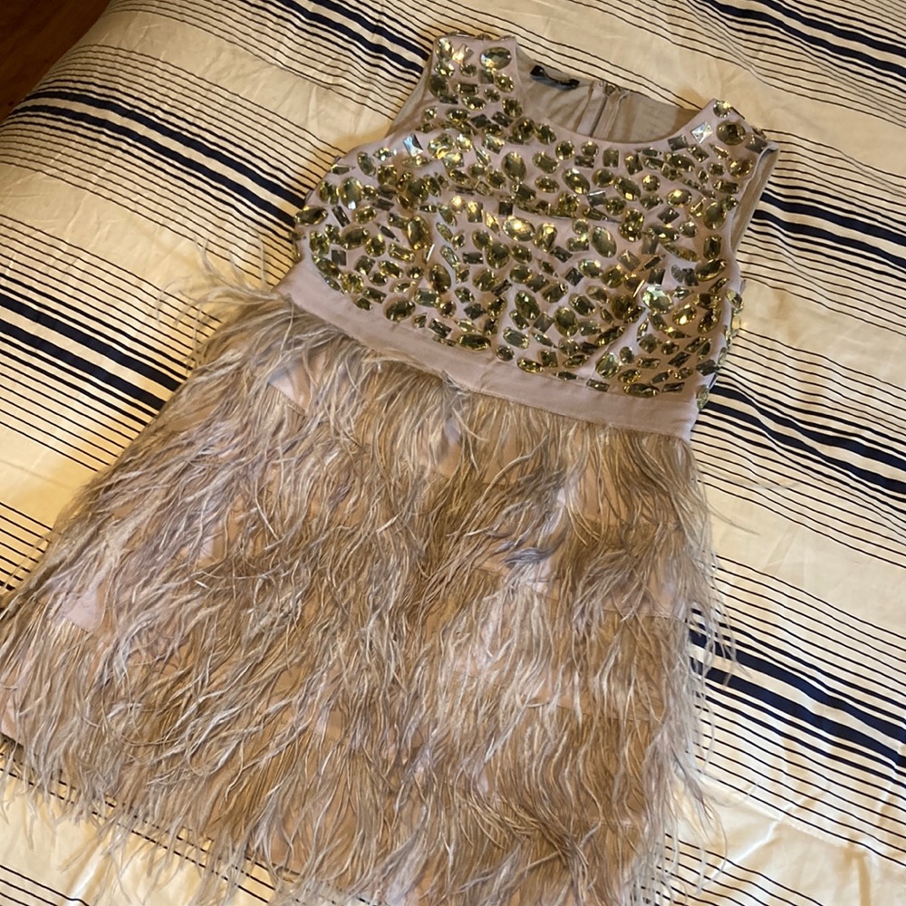 NWOT bebe feather jeweled dress.
